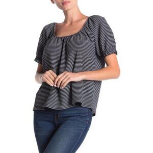 Madewell Womens Blue Textured Scoop Striped Short Sleeve Peasant Top Sz S New